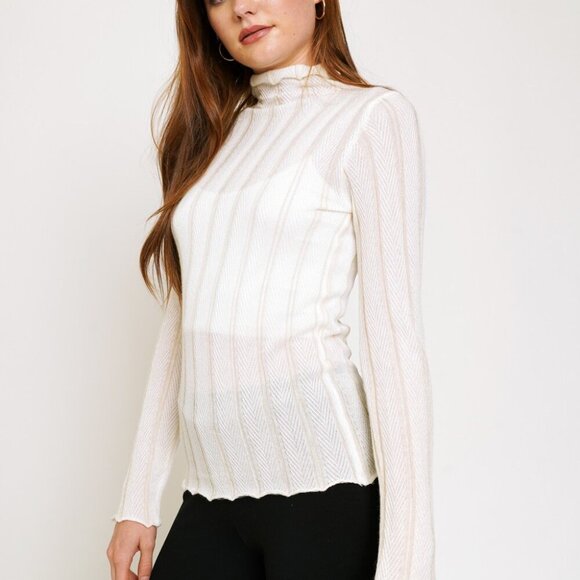 MYSTREE heer White Mock Neck Long Sleeve Top, Lightweight Mesh Knit Blouse - Picture 5 of 10